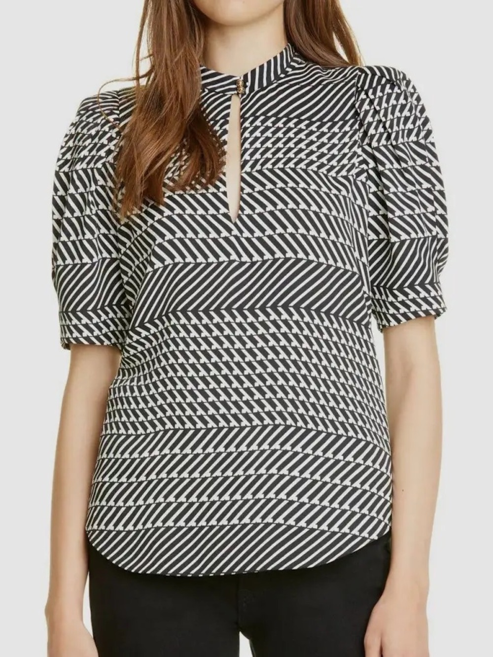 Joie Black and White Geometric Keyhole Puff Sleeve Blouse